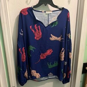 Blue V-Neck Long Sleeve Relaxed Blouse